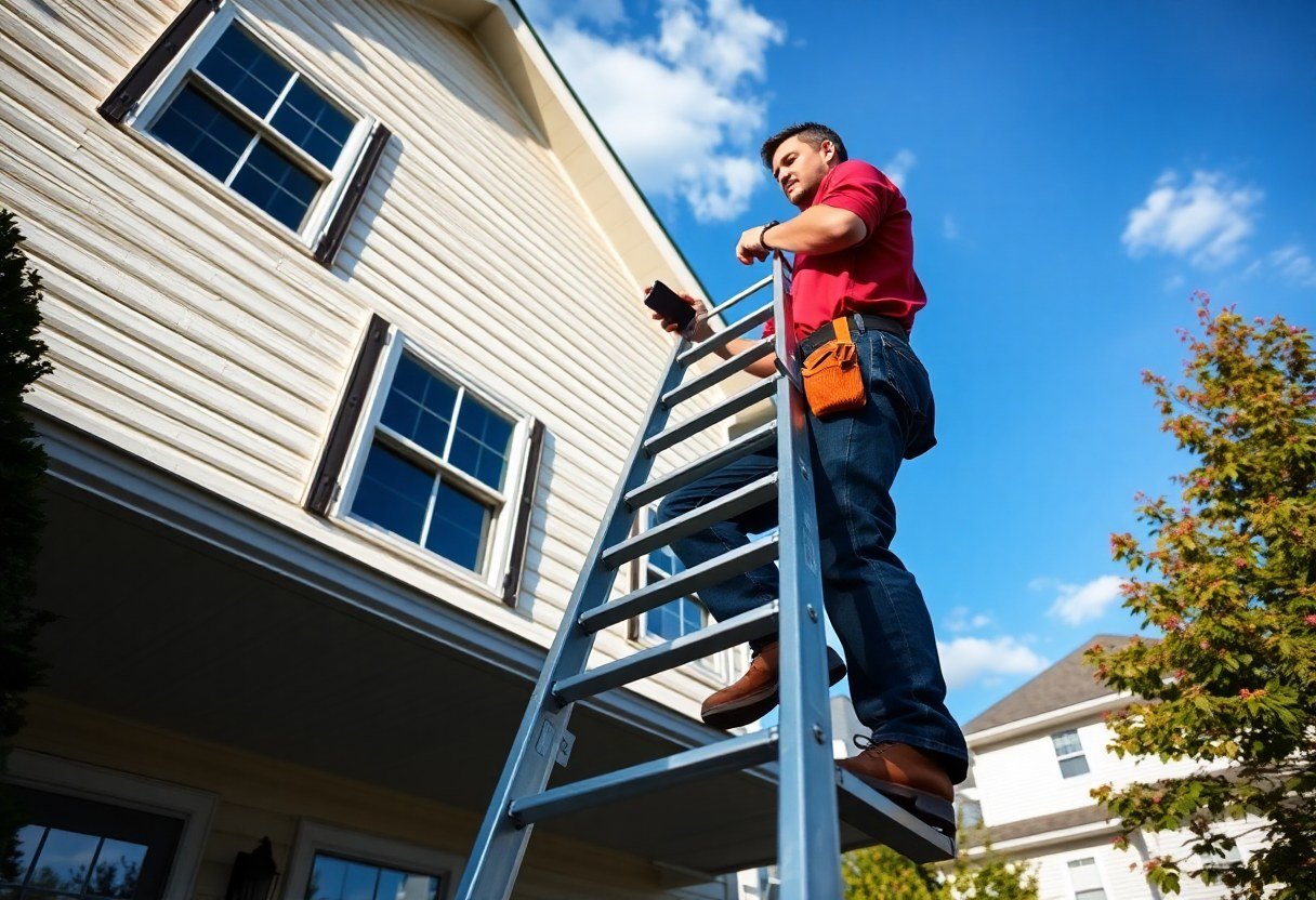 service technician on ladder checking phone for missed call notification