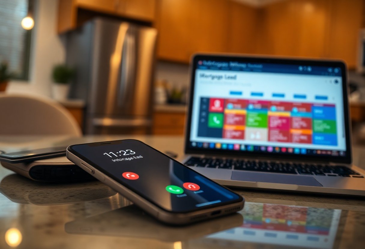 Smartphone displaying incoming mortgage lead call notification next to laptop showing CRM pipeline
