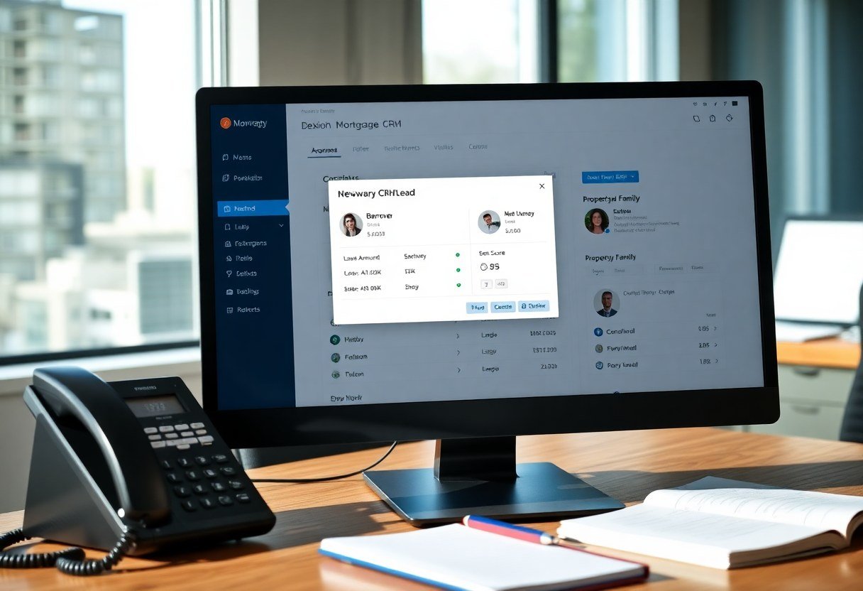 Computer monitor showing mortgage CRM dashboard with new lead details and qualification information