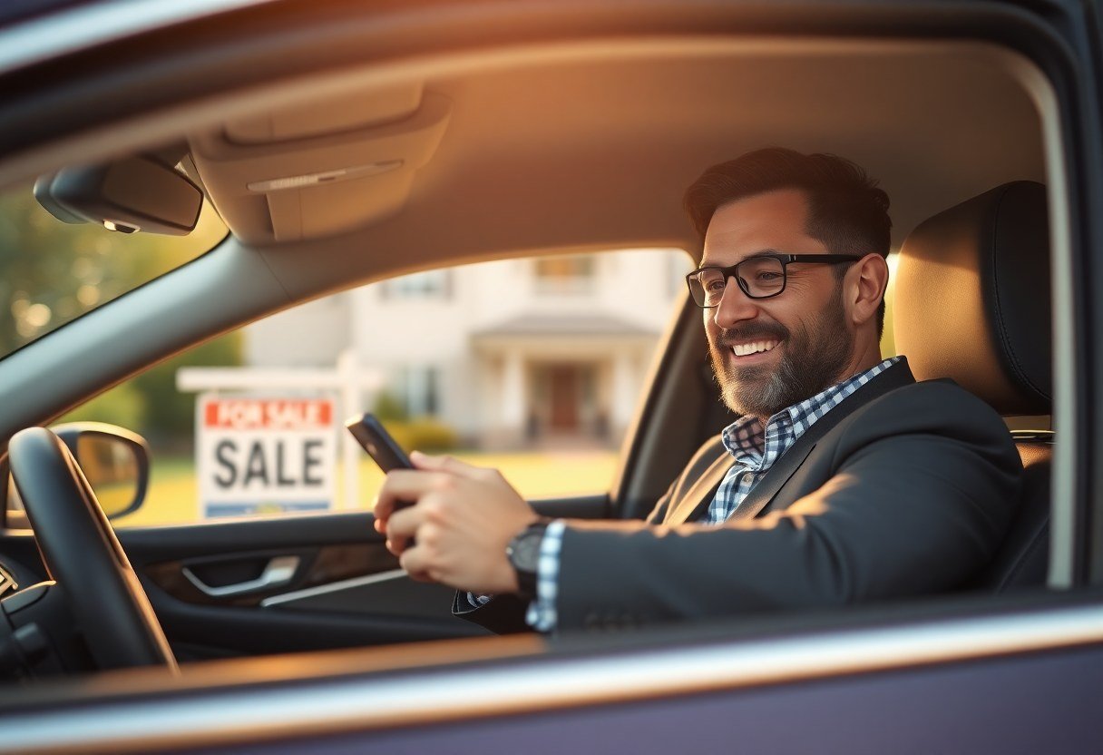 real estate agent in car reviewing LeadExploder lead notification on smartphone outside property showing