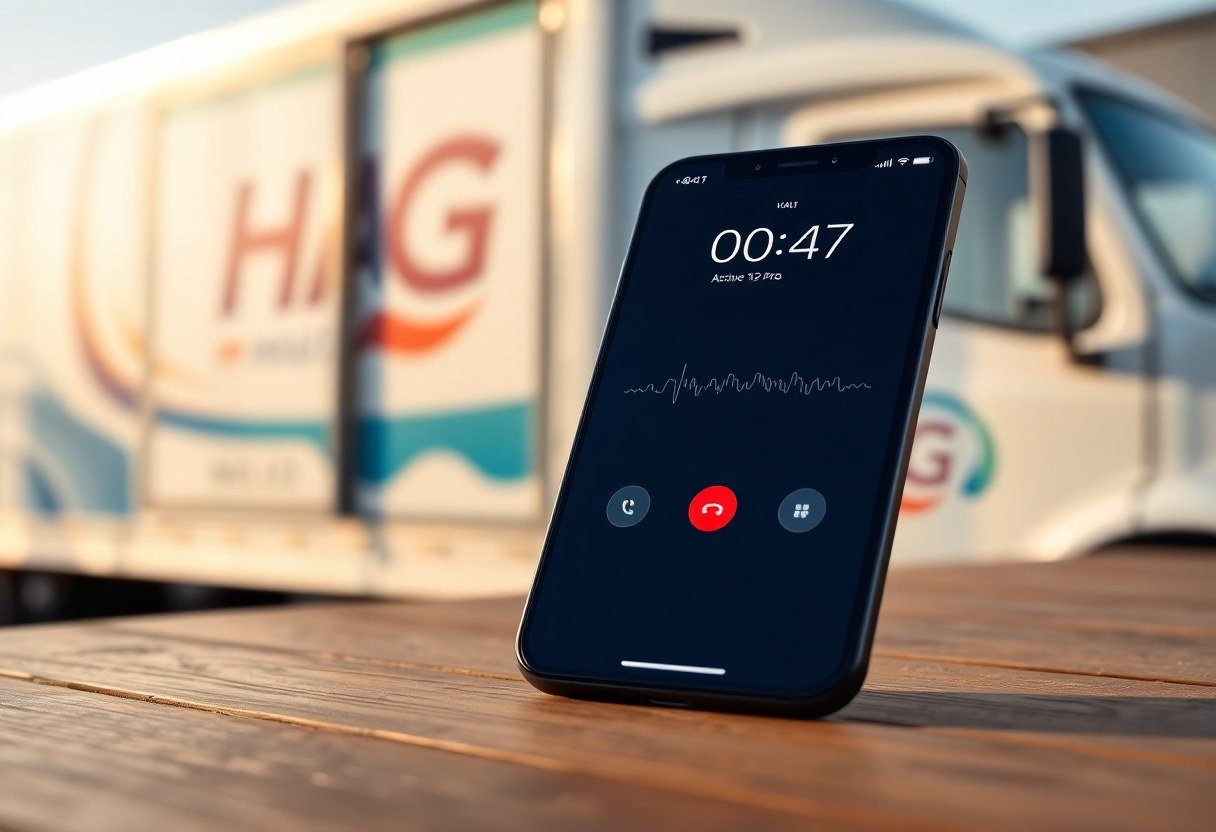 iPhone displaying active call screen with LeadExploder AI voice agent answering customer inquiry