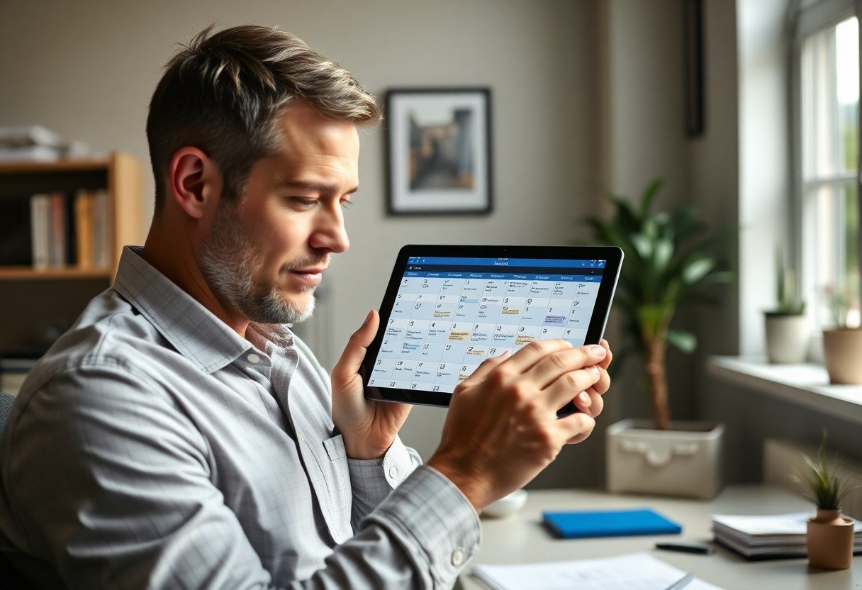contractor reviewing fully booked appointment calendar on tablet in office