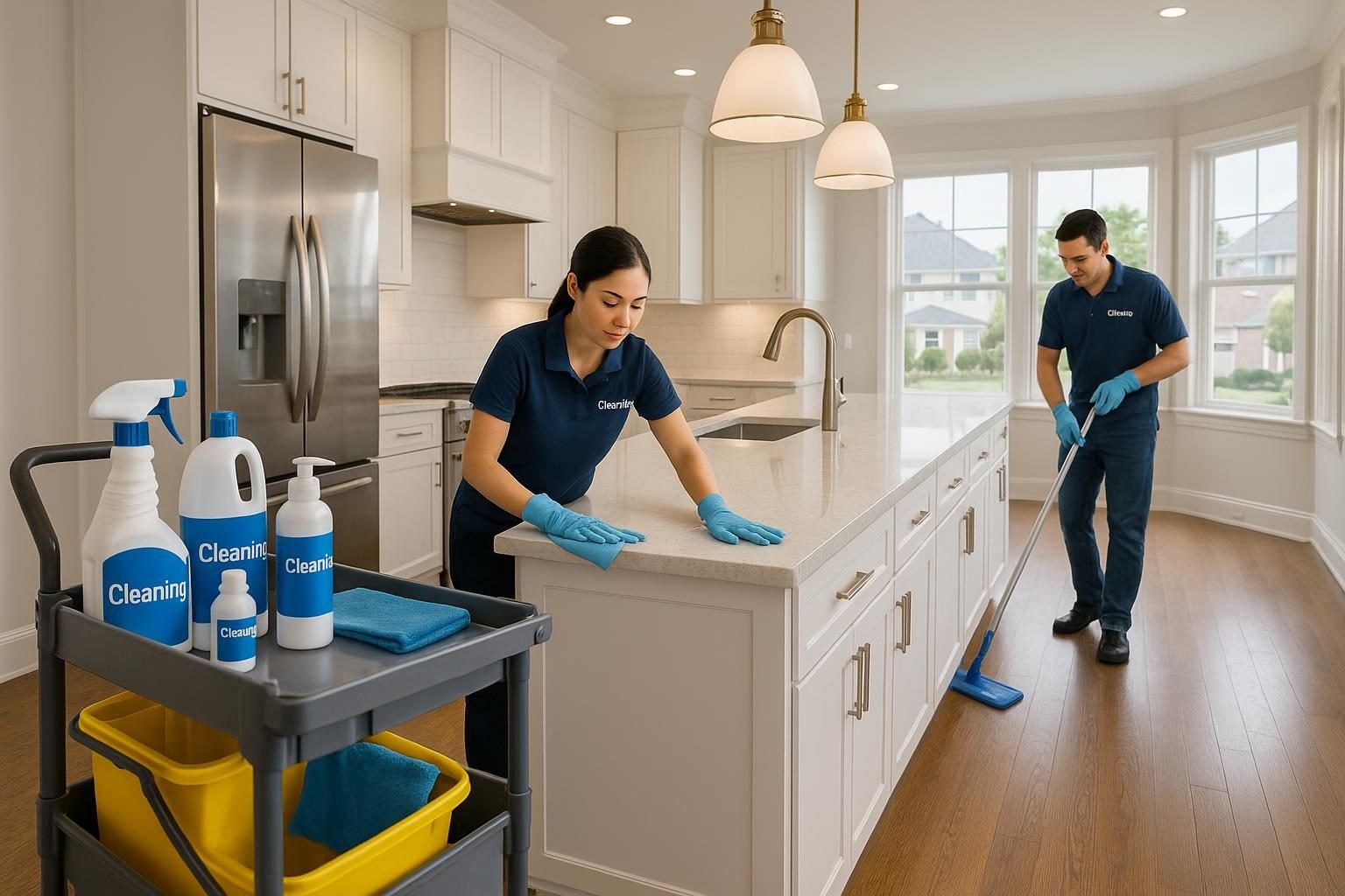 Two uniformed professional cleaning technicians working in a modern Houston home kitchen with bright natural light and spotless countertops