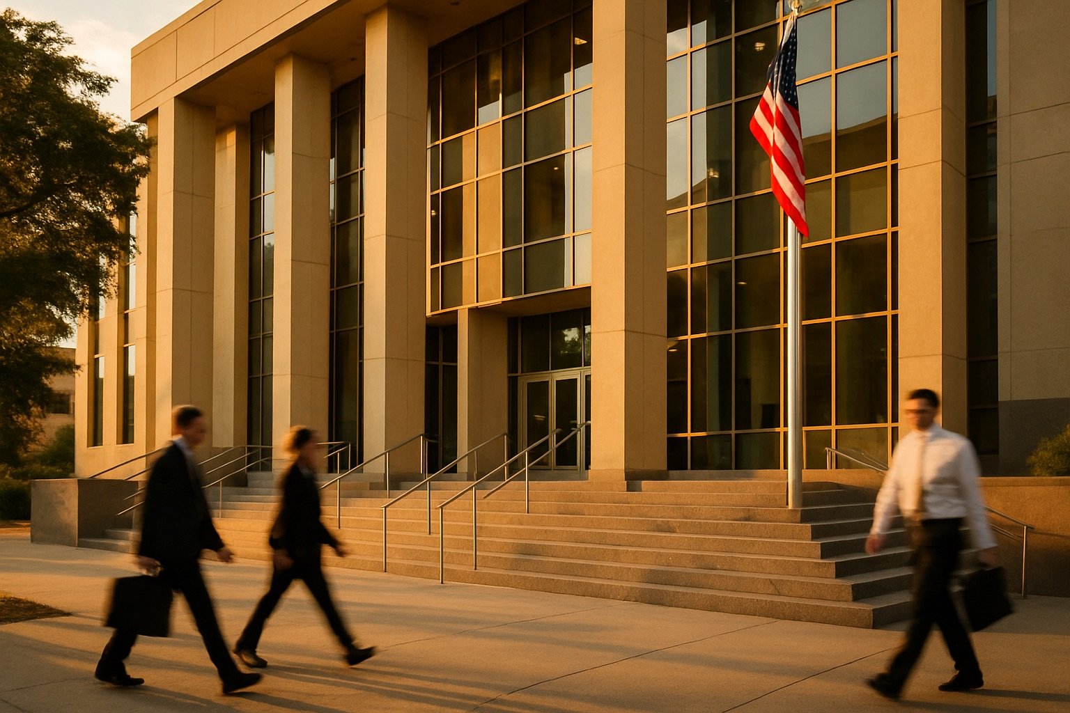 Exterior of a modern Texas county criminal courthouse at golden hour with attorneys in business attire walking past the granite steps