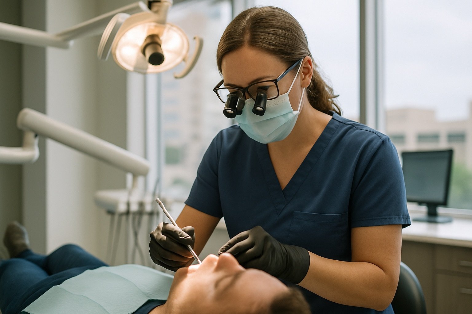 Dental hygienist in scrubs and magnifying loupes working on a patient in a modern Houston dental operatory under overhead exam light