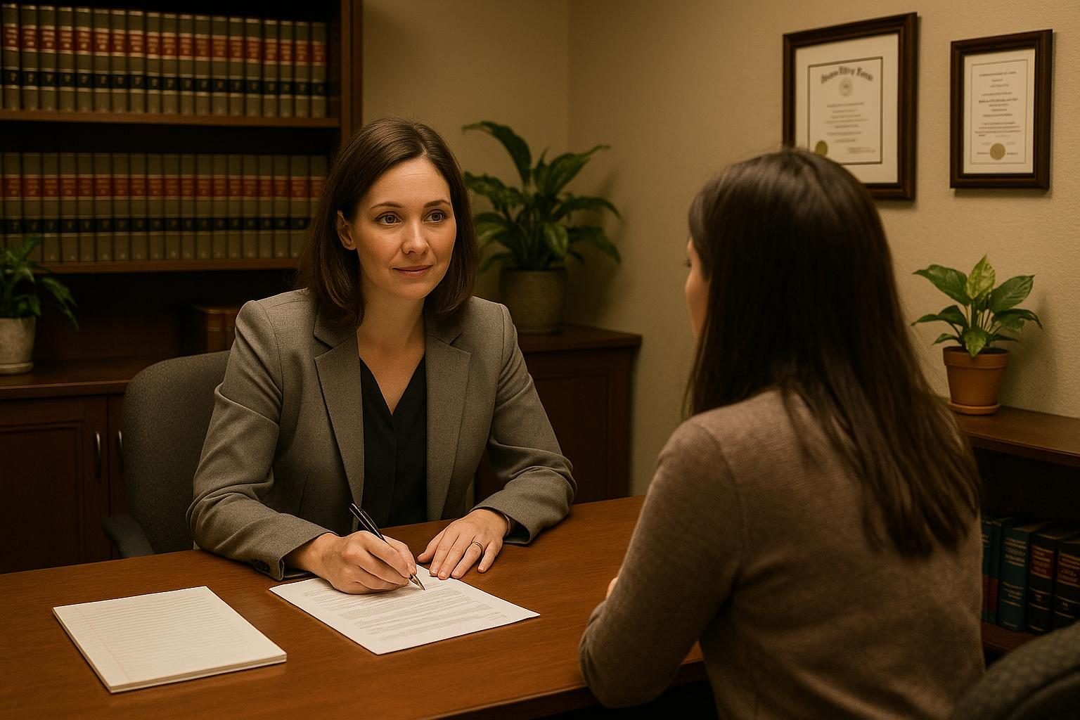Family law attorney in a Houston office consulting with a client across a conference table with legal documents and warm professional lighting