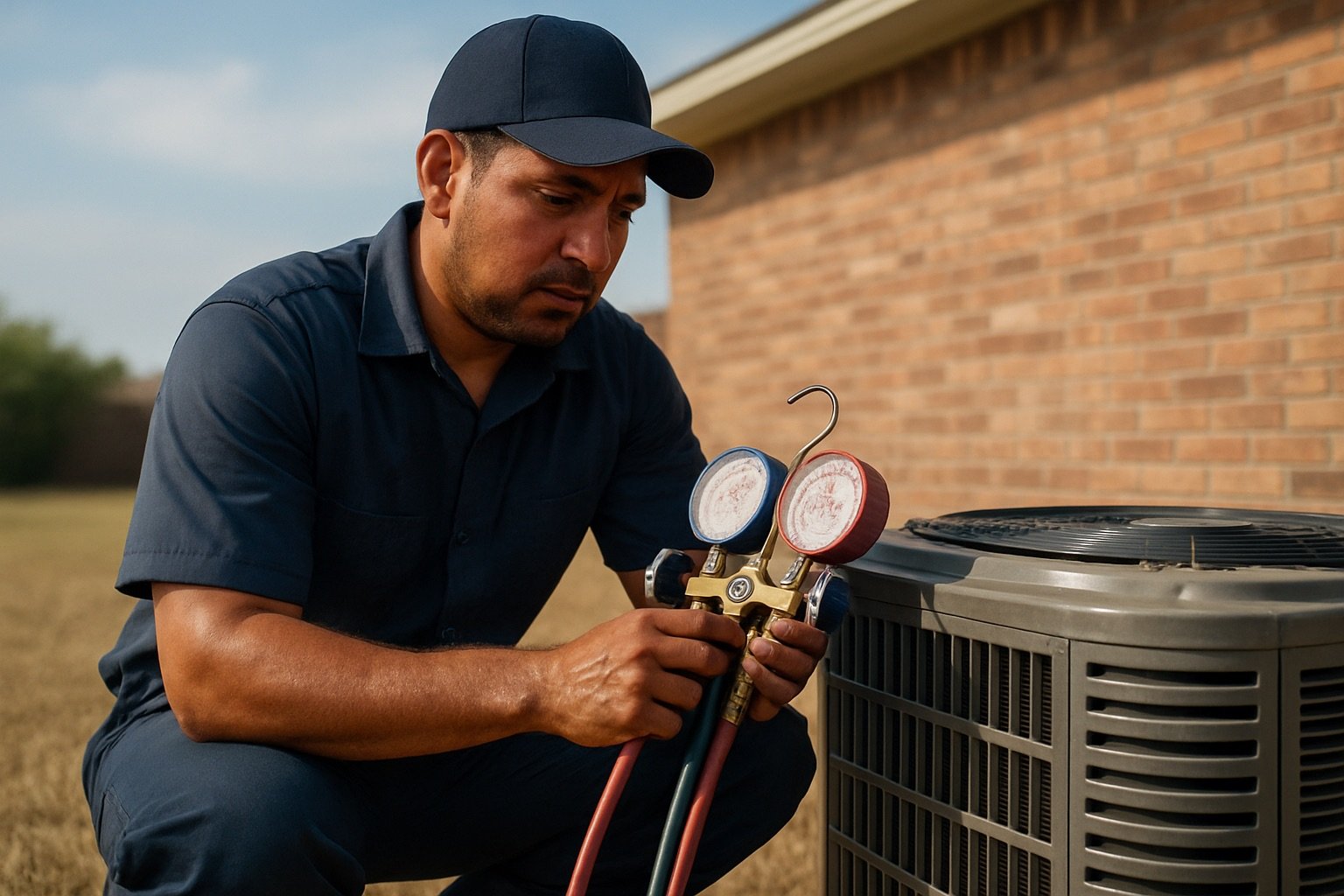HVAC technician checking refrigerant gauges at an outdoor condenser unit at a Houston-area suburban home in late afternoon heat