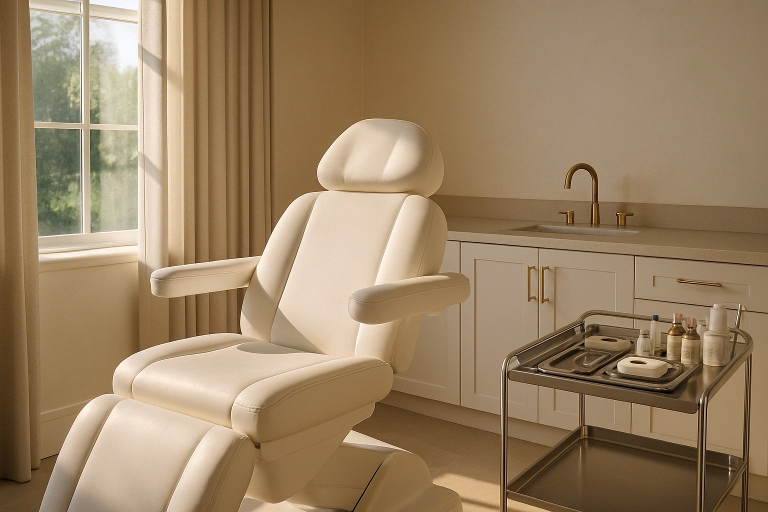 Interior of an upscale Houston River Oaks med spa treatment room with a white aesthetic treatment chair, brushed gold fixtures, and a tray of medical-grade equipment, warm morning light