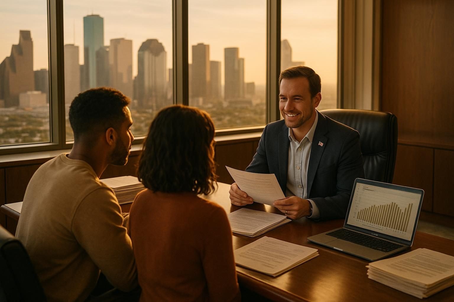 Houston mortgage loan officer sitting across a desk from a young couple reviewing loan documents in a professional office with city skyline visible through windows