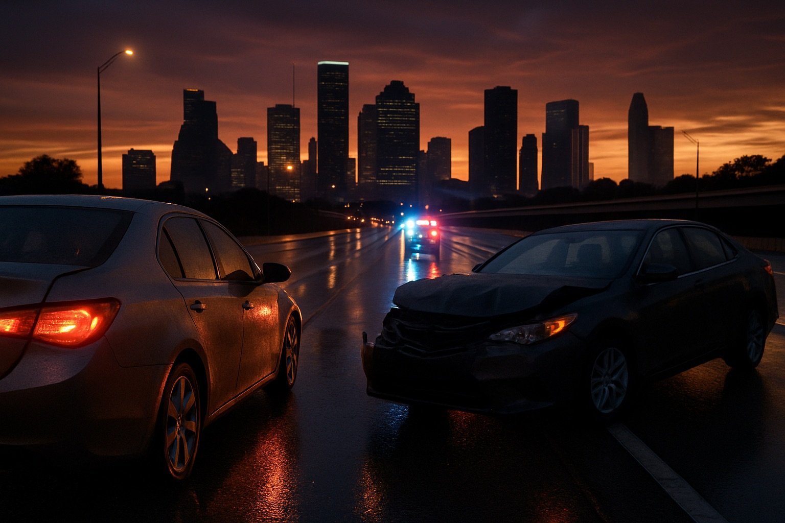 A rear-end accident scene on a Houston interstate at dusk with wet pavement, distant police flashers, and the downtown Houston skyline silhouetted against an orange-purple sky