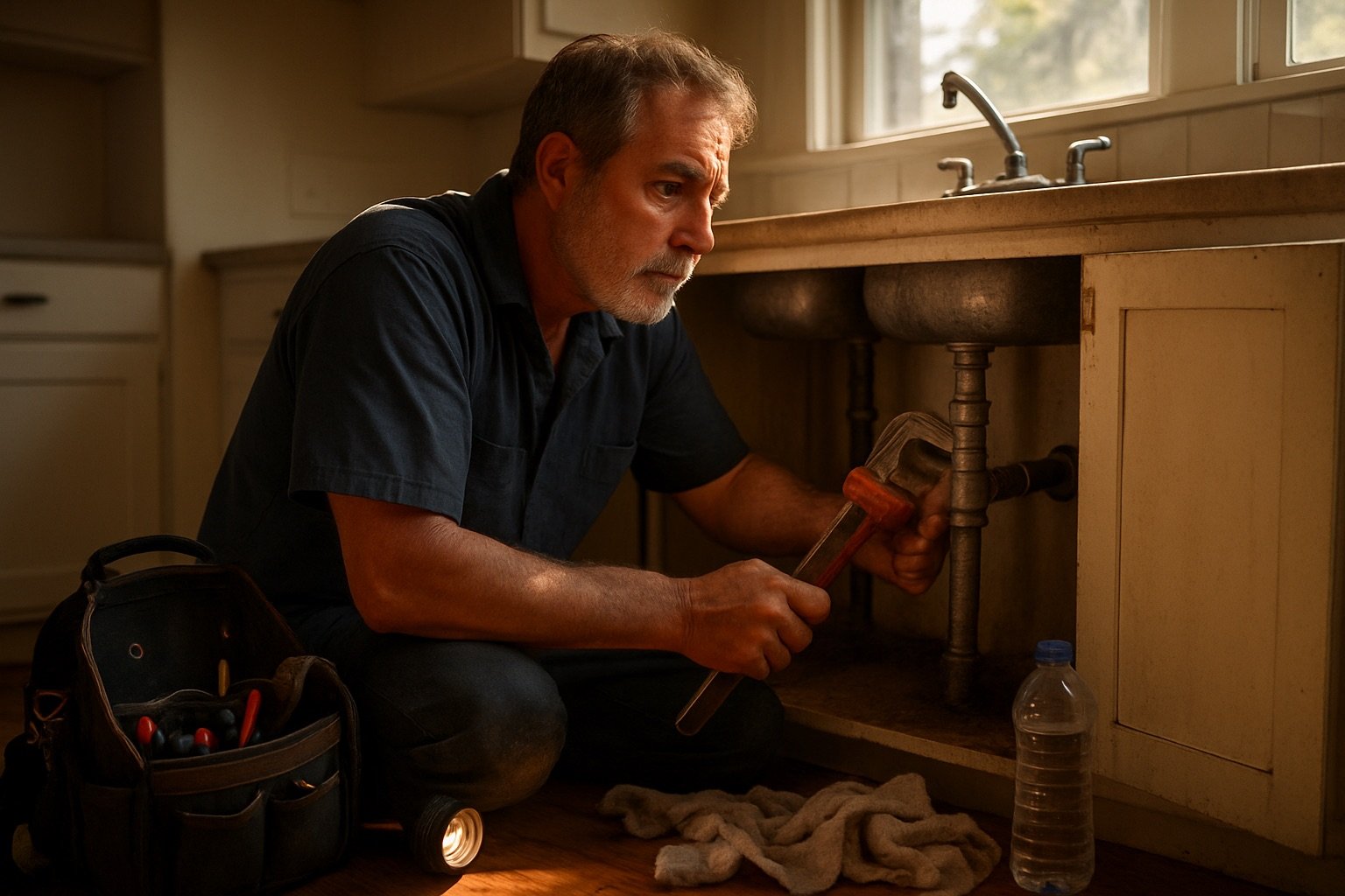 Houston Heights plumber working under a kitchen sink on old galvanized water lines with a pipe wrench, warm afternoon light from a nearby window