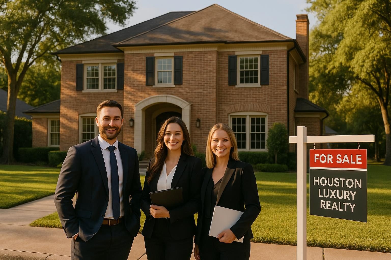 Three real estate agents in business attire standing in front of a newly listed luxury Houston home with for-sale sign and manicured lawn in golden afternoon light