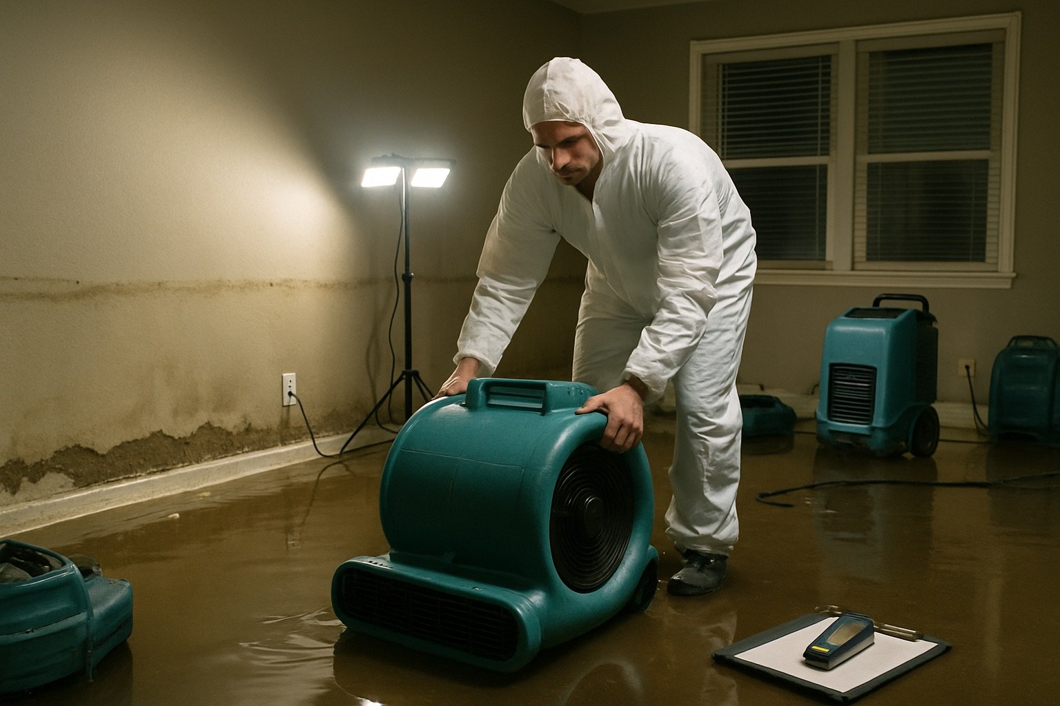 Restoration technician in a white Tyvek suit positioning an industrial drying fan in a flooded Houston living room, watermarked drywall and dehumidifiers visible in the background