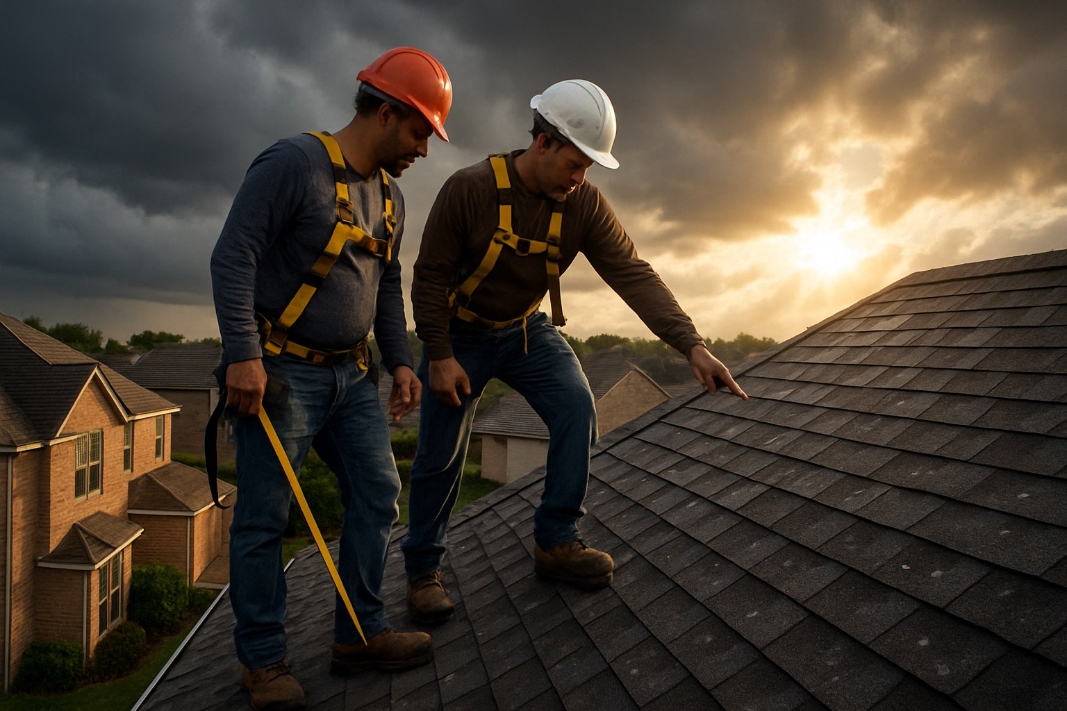 Two roofing crew members in safety harnesses on the slope of a residential asphalt-shingle roof in a Texas suburb after a thunderstorm at golden hour